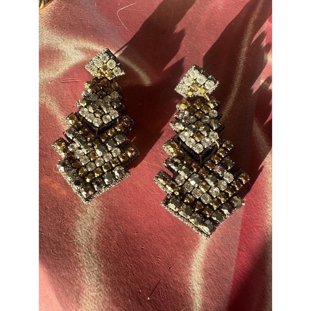 Art Deco Statement Rhinestone Drop Earrings Crystal Smoky Hematite Chandelier